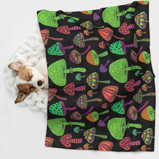 Double Sided Pet Throw for Dogs Who Shed, Trippy Mushrooms, Reversible Blanket with Nubby Dot Side Catches Loose Fur for Easier Furniture Cleanup
