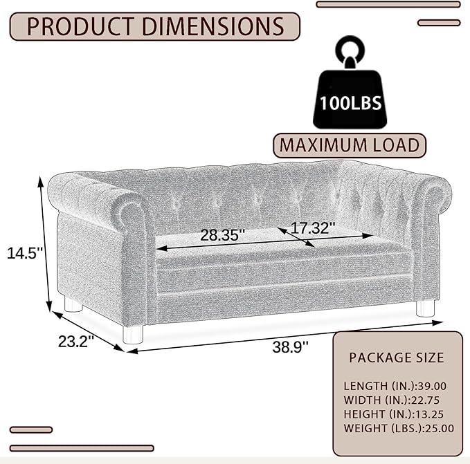 Elevated Rectangle Dog Sofa for Small & Medium Dogs - Comfortable Linen Fabric Dog Bed with Button Tufted Back, Durable Modern and Stylish Pet Bed for Living Room, Bedroom (Dark Brown)
