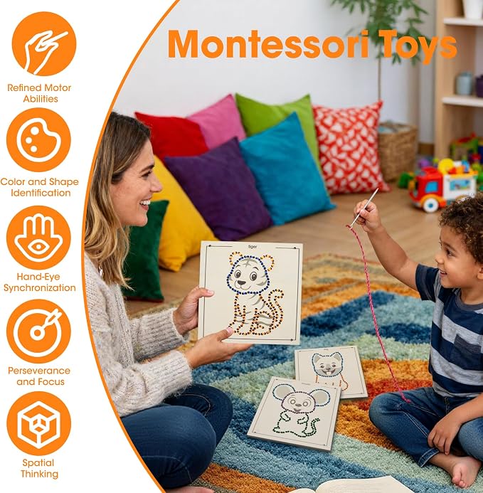 Ukontagood 16 Pack Montessori Wooden Lacing Toys | Sewing Kit Fine Motor Skill Busy Board, Sewing Lacing Weaving Wooden Boards for Toddlers and Kids