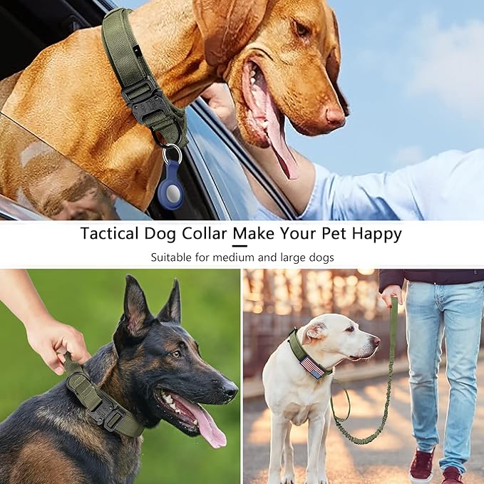 DAGANXI Tactical Dog Collar, Adjustable Military Training Nylon Dog Collar with Control Handle and Heavy Metal Buckle for Medium and Large Dogs, with Patches and Airtags Case (L, Green-Set)