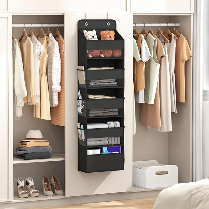 1 Pack 5-Tier Over the Door Organizer, Heavy-Duty Large Deep Pocket Hanging With 5 Large Front & 6 Side Pockets With for Pantry, Kitchen, Bathroom, Dorm, Black