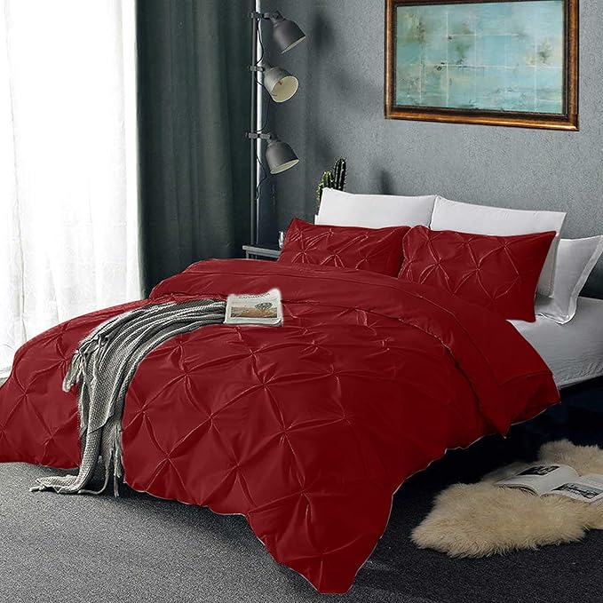 Pinch Pleated Duvet Cover Set 100% Brushed Microfiber 3PC Super King Size 98x108 Duvet Cover Set, Decorative Pinch Design Burgundy Duvet Cover with Matching Pillow Case