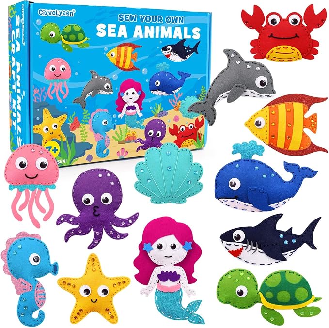 CiyvoLyeen Sea Animals Sewing Kit Mermaid DIY Felt Plush Craft Kit Make Your Own Ocean Animals Gifts for Beginner Boys and Girls Educational Kids Art Craft Supplies Set of 12