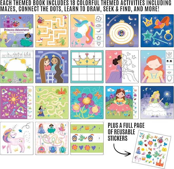 Totebook Dry Erase Activity Book for Kids - 18 Erasable Learning Games with Reusable Stickers, Travel Activities for Ages 4-6, Fits Case (Princess Theme)