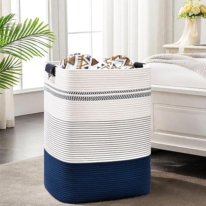 Laundry Hamper, 95L Tall Laundry Basket with Leather Handles, Rectangle Large Clothes Hamper for Organizing, Cotton Woven Laundry Baskets Storage Hampers for Bedroom, Nursery, Living Room