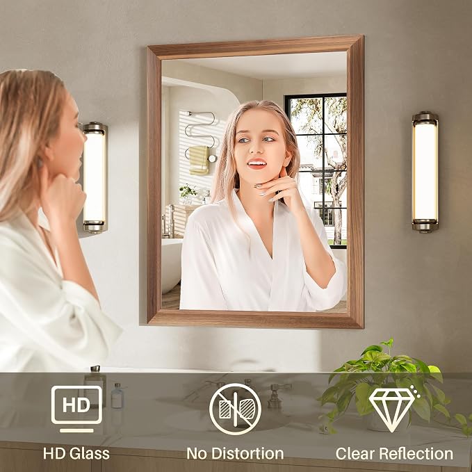 36x36 Inch Bathroom Mirror for Wall, Anti-Rust Walnut Wood Grain Metal Framed