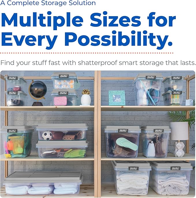 Hefty 72 Qt Hi-Rise Storage Bin with Lid, Stackable Plastic Storage Container, Organizer for Home, Garage & Closet, 6 Pack, Gray