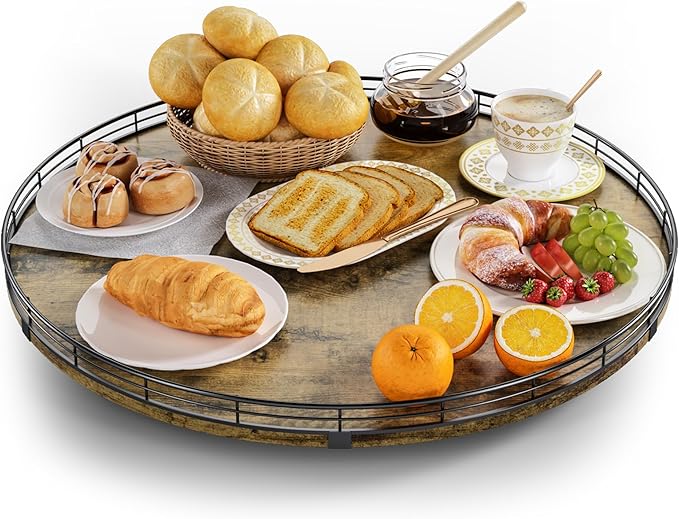 Lazy Susan Turntable Organizer for Table Top, 21’’ Round Wooden Lazy Susan for Cabinet Kitchen Countertop Pantry Dining Coffee Table for Condiments Spices, Rustic Bathroom Vanity Tray for Soap Candle