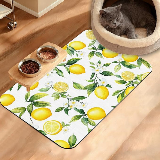 Lemon Feeding Mat,Green Leaves Absorbent Quick-Dry Cat Dog Food and Water Bowl Mats,Non-Slip Rubber Backing Mat,Cat Dog Accessories Supplies 16" x 24"