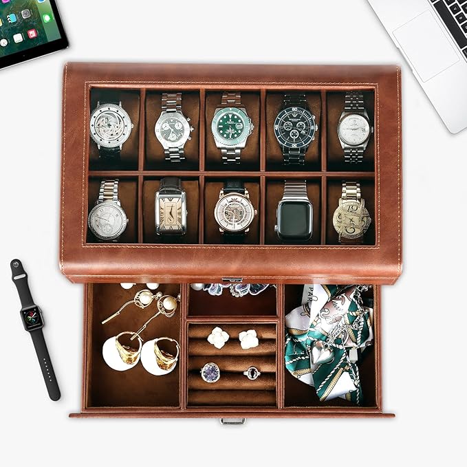 Leather Watch Box with Drawer-10 Slots Locking Jewelry Watches Holder for Men-Luxury Watch Case Display Organizer-2 Tier Organizer Watch Showcase-Storage Case