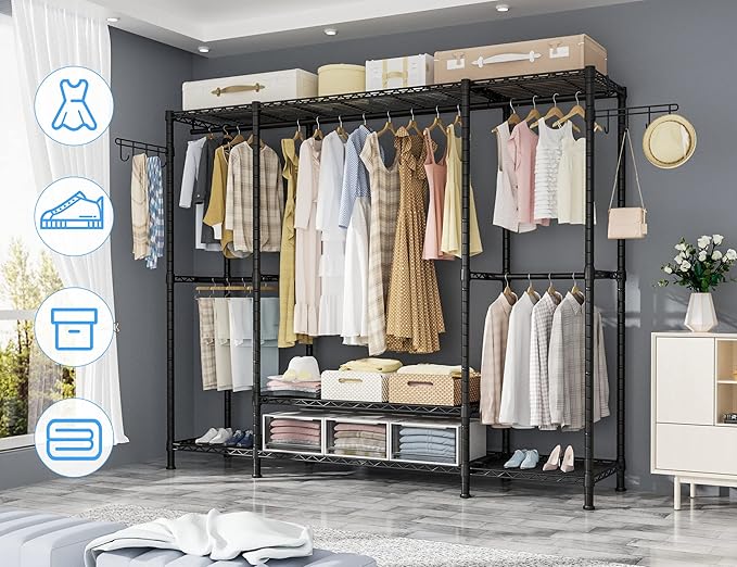 Ulif E3 Heavy Duty Garment Rack, 4 Tiers Freestanding Closet Organizer System with 5 Shelves, Metal Closet Organizer and Storage System for Clothes, Max Load 650lbs, 57.1"W x 14.5"D x 77.3"H, Black