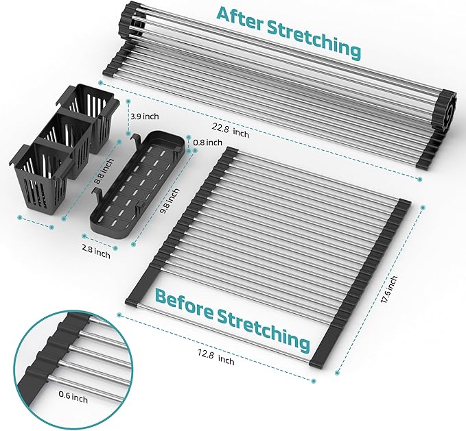 Extra Large Black Expandable Roll Up Dish Drying Rack Up to 25.1''with 2 Storage Baskets,Over The Sink Kitchen Rolling up Dishes Drainer, Foldable,Rollable