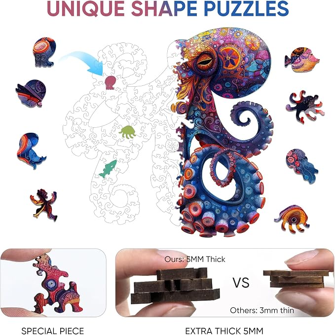 Mys Aurora Octopus Puzzles for Adults 1000 Pieces Wooden Jigsaw Puzzles | 5MM Thick Unique Shape Puzzle Ocean Wood Puzzles for Adults and Kids Birthday Gifts Family Game 23.5 * 23.4inch