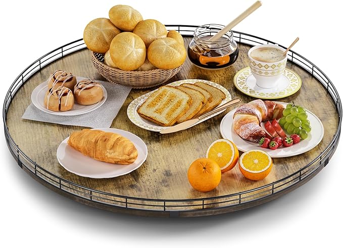 Lazy Susan Turntable Organizer for Table Top, 24’’ Round Wooden Lazy Susan for Cabinet Kitchen Countertop Pantry Dining Coffee Table for Condiments Spices, Rustic Bathroom Vanity Tray for Soap Candle