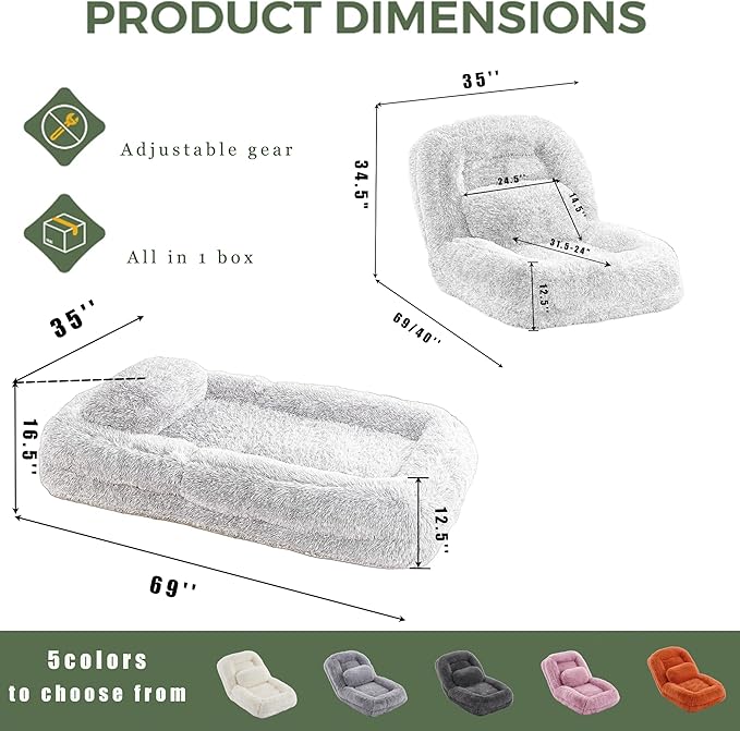 Adjustable 5-Position Human Dog Bed for People, Big Comfy Plush Floor Gaming Lazy Sofa Chair with Pillows & Back Support, Foldable Lounge Loveseat Couch for Living Room Bedroom (Pink)