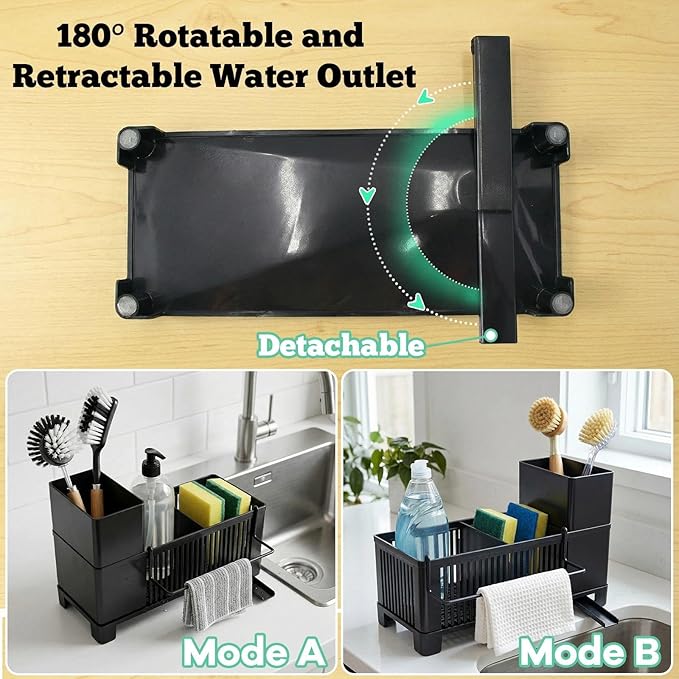 Kitchen Sink Sponge Holder - Plastic Sink Caddy Organizer with 360° Rotating Drain Spout & Tall Brush Holder, Rustproof Dish Soap Countertop Tray, Black
