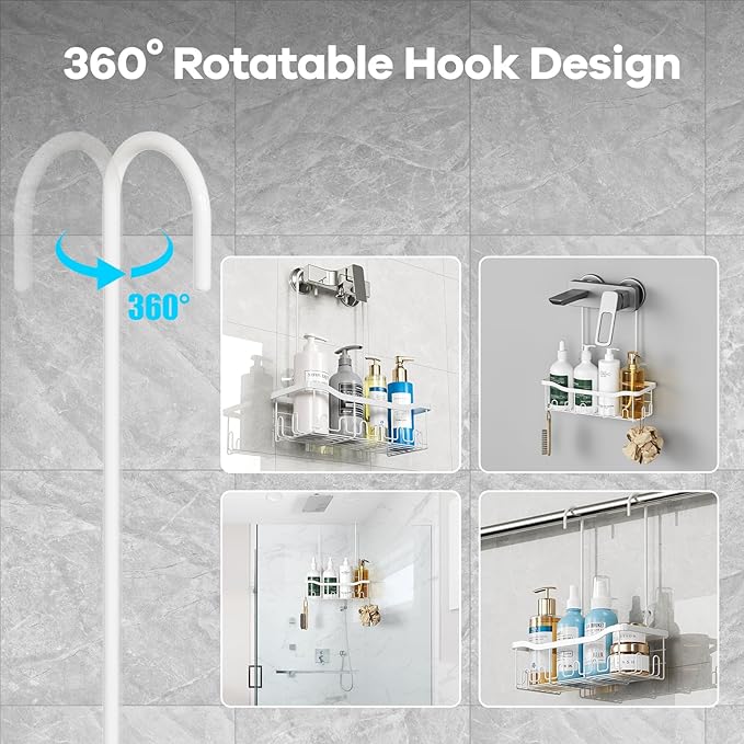 BYT Shower Caddy Hanging, Organizer Hanging for Bathroom, Shower Basket with Hooks, Shower Storage, Shelf, Rack No Drilling for Faucet or Cross Bar (White)