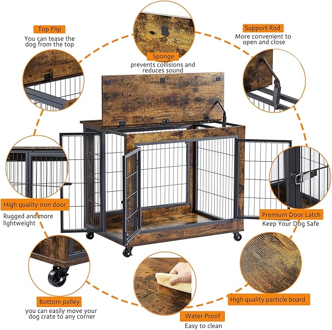 IchbinGo Dog Crate Furniture, Wooden Dog Crate Table, 31.5" Dog Kennel with 3 Doors, Flip-up Top Opening and Wheels, Decorative Pet Crate Dog House for Medium/Small Dog Indoor Use (Rustic Brown)