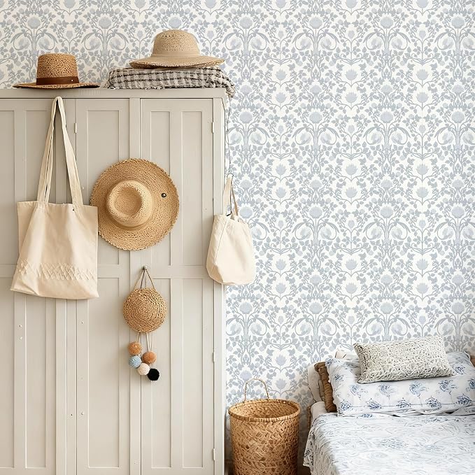 YXTII 17.3" × 393.7" Blue Floral Peel and Stick Wallpaper, Damask Vintage