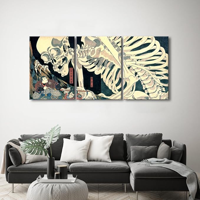 Wieco Art 3 Piece Witch and Skeleton Ukiyo-E by Utagawa Takiyasha Historic