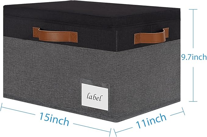 Large Storage Bins with Lids, Foldable Fabric Storage Baskets with Lids, Sturdy Storage Boxes with Labels and 3 PU Handles for Closet Home Bedroom Office (26L, 3 Packs, Grey&Black)