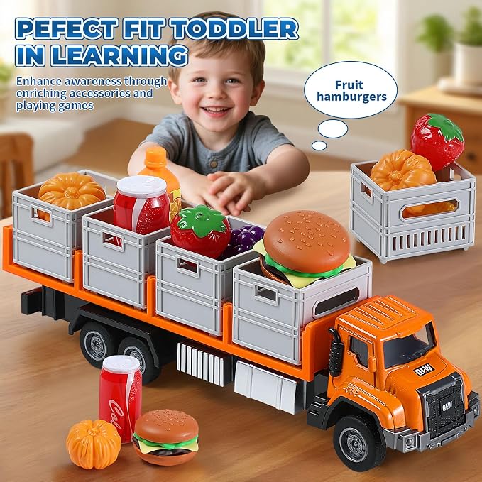 Food Transport Truck Toy for Age 3-8 Kids – 1:55 Alloy Vehicles Head Goods Trailer with Cargo Box and Food Model, Lights & Sounds (Transport Truck White)