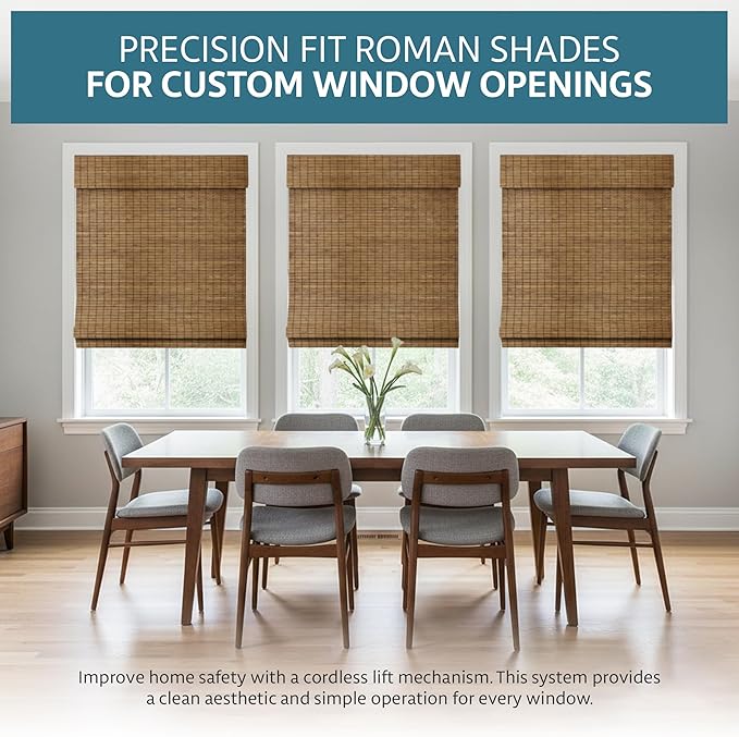 Windowsandgarden Cordless Woven Wood Roman Shades, 33W x 72H, Eastfield Teak