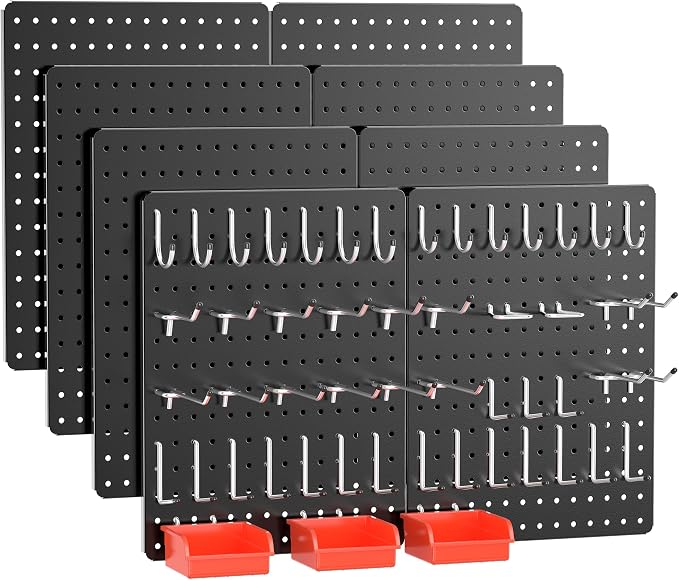 Peg Board, 114PCS Heavy Duty Metal Pegboard with Hooks, 8 Pack Black Peg Board Panels, 60lbs Load Capacity Each, Pegboard Wall Organizer for Garage, Workshop, Kitchen, Craft Rooms