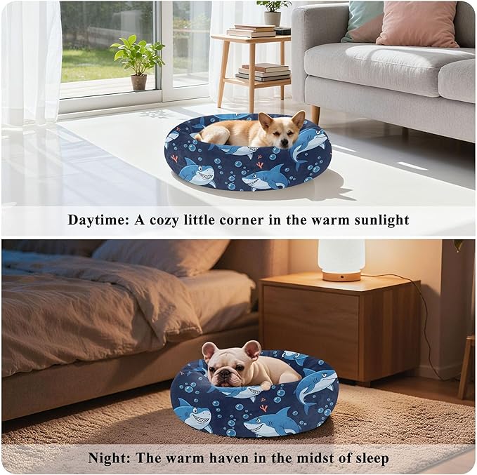 Burbuja Sharks Donut Pet Bed, Calming Soft Dog Bed with Anti-Slip Bottom, Round Cuddler Support for Dogs & Cats, Washable 16 in