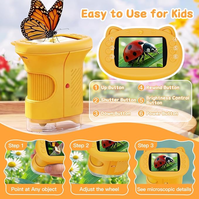 1000X Handheld Digital Microscope for Kids (Yellow) | 4K HD 2.4" Screen, 200–1000X Magnification, Portable Kids Microscope, Educational STEM Toy, Gifts for Boys and Girls Age 5–12