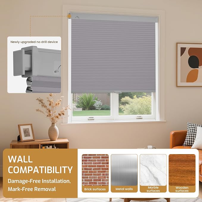 Grandekor No Drill No Tools Cordless Cellular Shades, UV Protection Privacy No