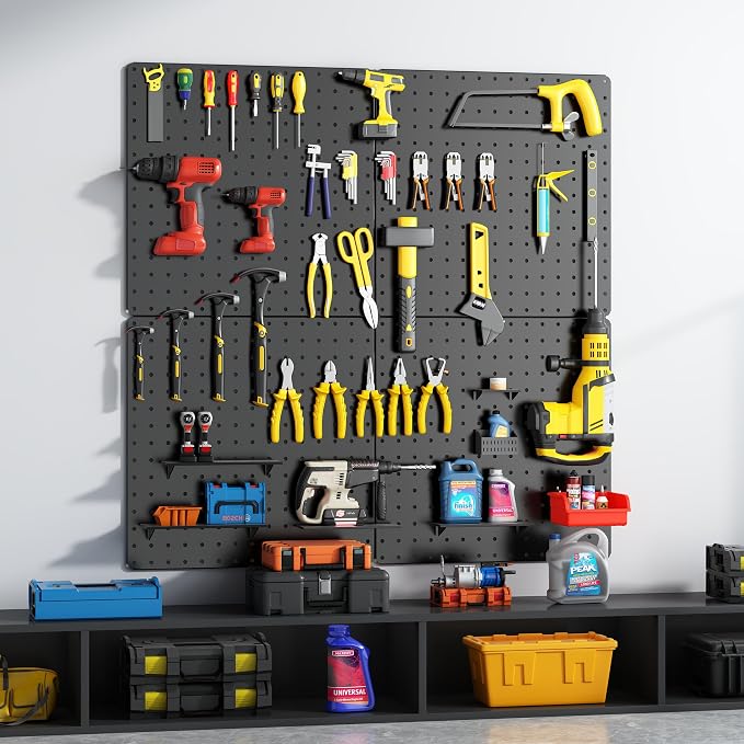 Peg Board, Total 32” x 32”, 4 Pack Black Peg Board Panels, 50lbs Load Capacity