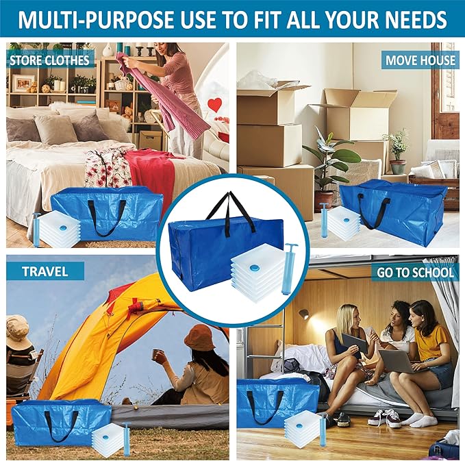 12 Pack Heavy Duty Extra Large Moving Bags with Backpack Straps & Large Vacuum Storage Bags Moving Supply Combo, Moving Totes with Handles & Zippers for Space Saving, Fold Flat, Includes Vacuum Bags
