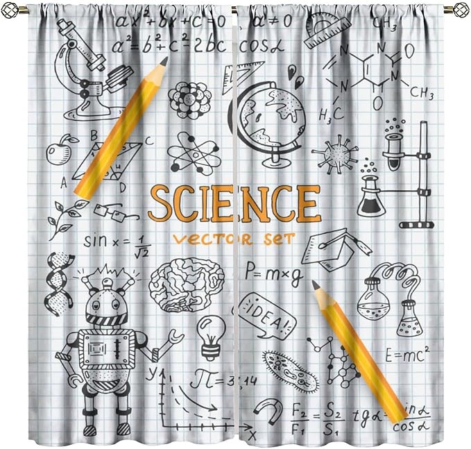 Science Symbols Kids Curtain Sketches Cartoon Chemistry Physics Geometry Education Pattern Print Window Drapes for Bedroom Living Room Kitchen Decor,2 Panel Set,52x84 Inch Blackout