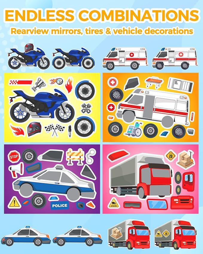 Aowplc 32 Make Your Own Vehicle Sticker Sheets for Kids | Transportation Stickers for Party Favors & Craft Activities