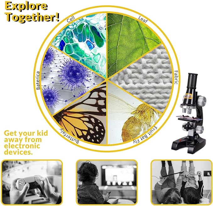 Little World Kids Microscope with LED Light - 100X/400X/1200X Magnification | Beginner science kit, monocular view, educational STEM gift for ages 5-12, Black