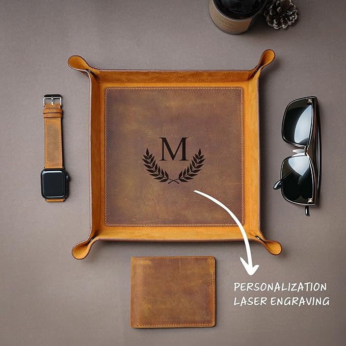 Handmade Leather Catch All Tray, Customizable Handcrafted Genuine Leather Valet Tray and Organizer for Keys, Phones, Jewels, Coins, Square - Small, Purple
