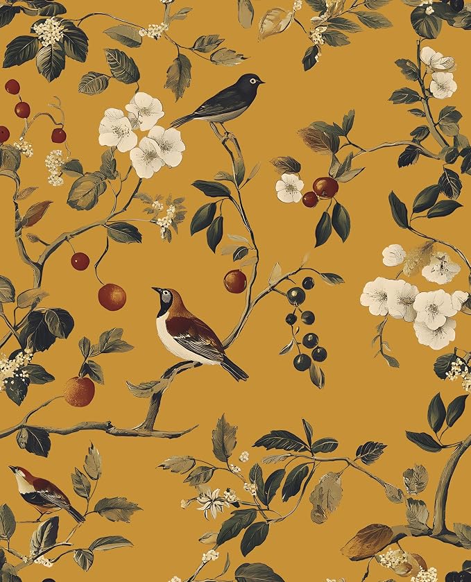 Laatse Vintage Bird Wallpaper 17.5"x118" Yellow Chinoiserie Floral Wallpaper