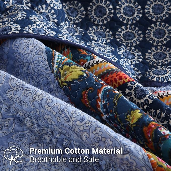 Yvooxny Queen Quilt Set Reversible Lightweight Bohemian Paisley Patchwork Cotton Quilted Bedspread Coverlet Set 3-Piece Bedding Set with Shams for All Seasons, Queen Size, 98 * 90 Inches