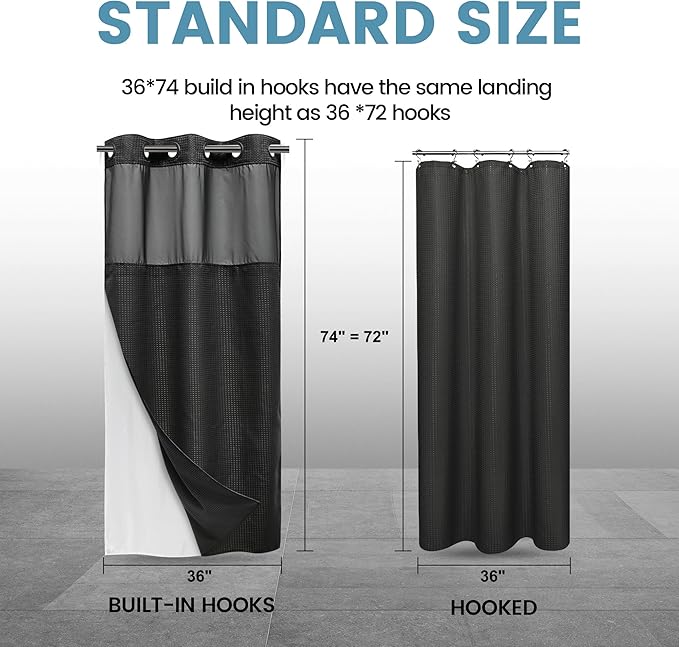 Stall No Hook Shower Curtain with Snap in Liner,230GSM Waffle Weave Shower Curtains for Bathroom,36W x 74H,Black