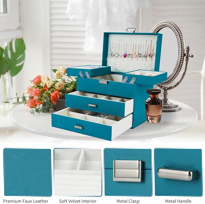 Dajasan Jewelry Box Organizer, Jewelry Holder Organizer Box, 4 Layers Leather Jewelry Storage Box, Gift Idea for Women, Girlfriends, Wife or Mother (Blue)