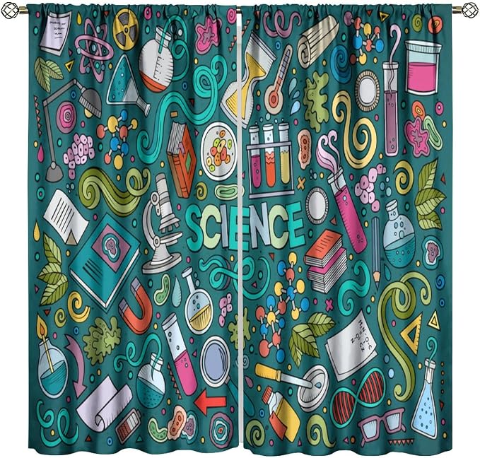 Science Symbols Kids Curtain Sketches Cartoon Chemistry Physics Geometry Education Pattern Print Window Drapes for Bedroom Living Room Kitchen Decor,2 Panel Set,72x63 Inch Blackout
