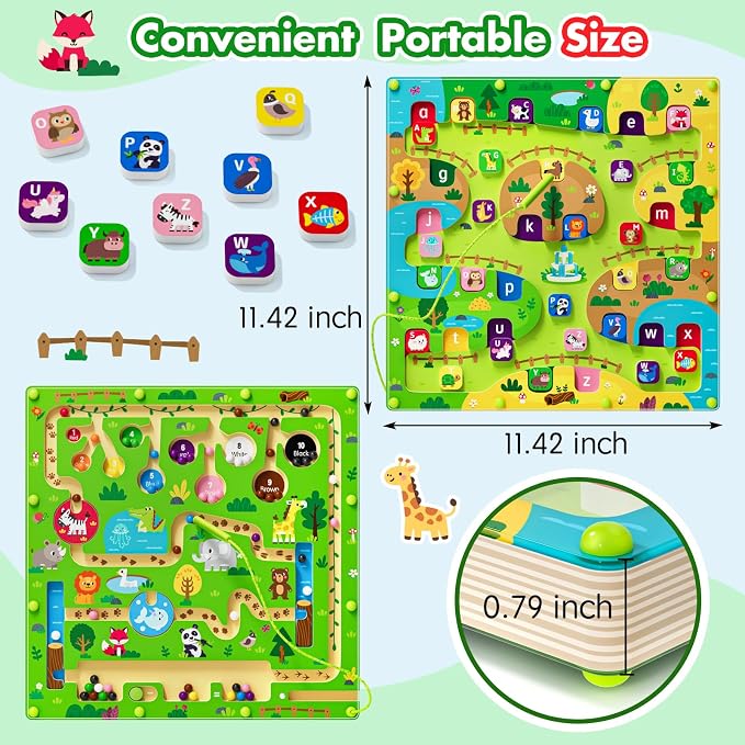 rifamee 2 in 1 Magnetic Color and Number Maze Magnet Alphabet Counting Double Sided Board Wood Puzzle Fine Motor Skills Montessori Preschool Toys Gifts for Boys and Girls 3-5 Age (Big Zoo, One Size)