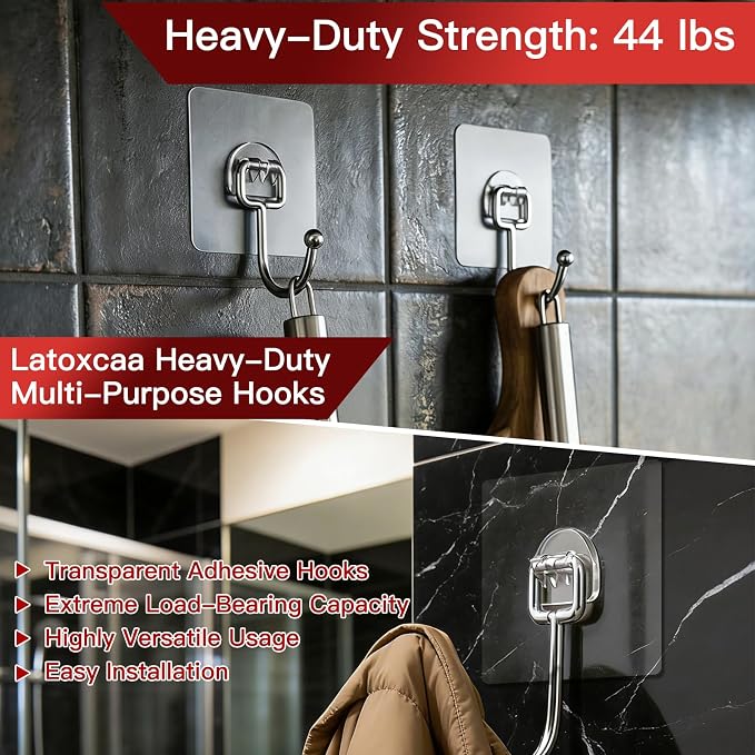 Latoxcaa Large Adhesive Hooks 24-Pack, Heavy Duty 44lb Wall Hooks