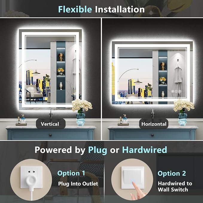 30x36 LED Bathroom Mirror with Lights, Backlit and Front Lit Anti-Fog Lighted