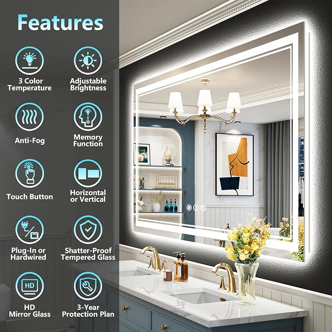 55x36 LED Bathroom Mirror with Lights, Backlit and Front Lit Anti-Fog Lighted
