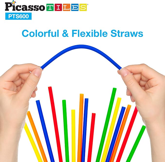 PicassoTiles 600pc Construction Toy Straw Building Set Children STEM Learning Interlocking Building Toys Creative Straw Connecting Builder Kits Early Education Kit for Kids Boys & Girls Ages 3+ PTS600