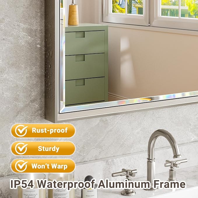 Brushed Nickel Bathroom Mirror, 30x36 Inch Beveled Framed Bathroom Mirror