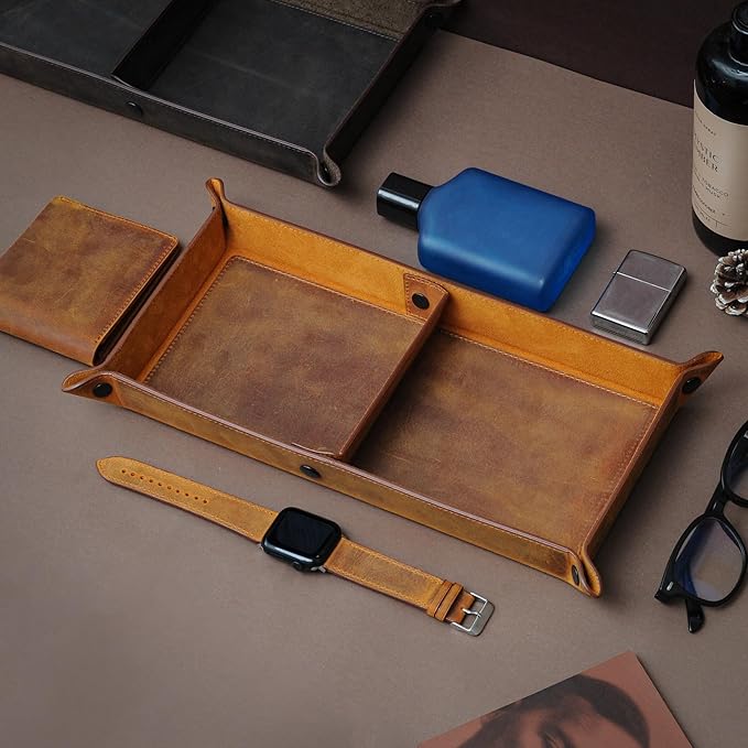 Handmade Leather Catch All Tray, Customizable Handcrafted Genuine Leather Valet Tray and Organizer for Keys, Phones, Jewels, Coins, Rectangular, Red