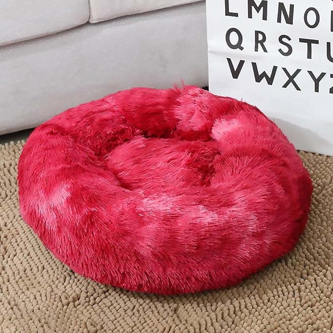 Calming Dog Bed for Small Dogs, Calming Donut Cuddler Pet Bed Anti Anxiety Round Dog Bed Fluffy Plush Faux Fur Cat Bed,Wine red,27.5IN